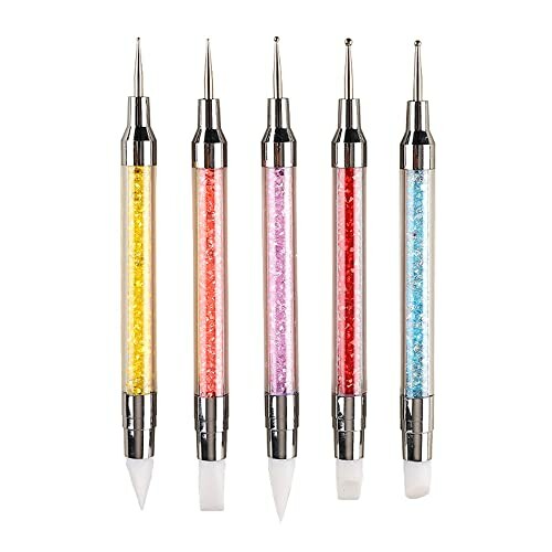 Set of five colorful nail art dotting pens with glitter handles.