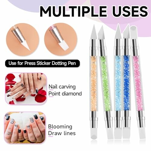 Nail art dotting tools with multiple uses including carving, point diamond, and drawing lines.