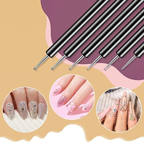 Nail art dotting tools with decorated nails in the background