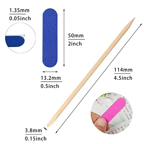 Nail art tools with measurements, including a wooden stick and a nail buffer.