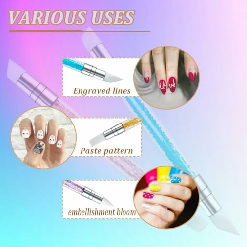 Nail art tools showing various uses like engraved lines, paste pattern, and embellishment bloom.