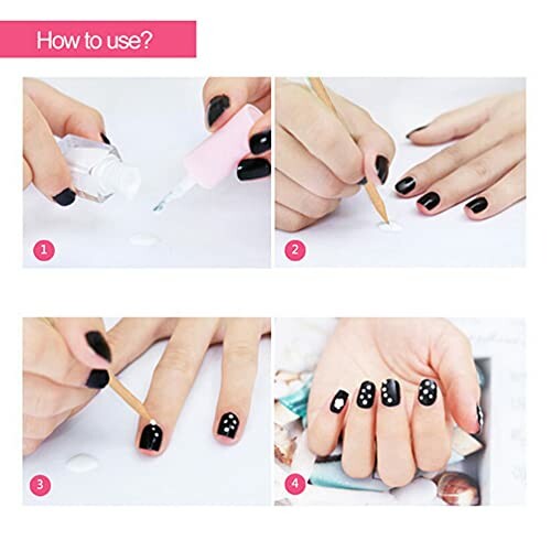 Step-by-step nail art tutorial with black and white polka dot design.