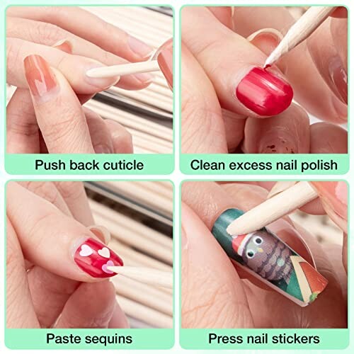 Step-by-step nail art tutorial showing cuticle care, cleaning polish, applying sequins, and pressing nail stickers.