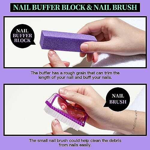 Nail buffer block and brush in use