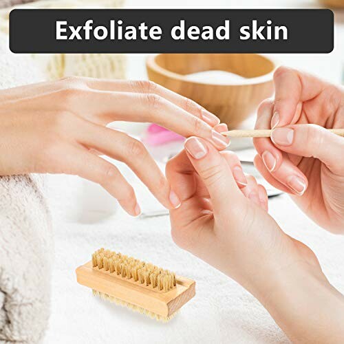 Hands using a brush to exfoliate dead skin around nails.