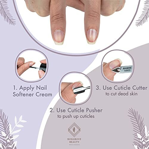 Step-by-step nail care instructions with tools.