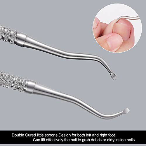 Double-ended nail care tool with curved tips for cleaning nails.