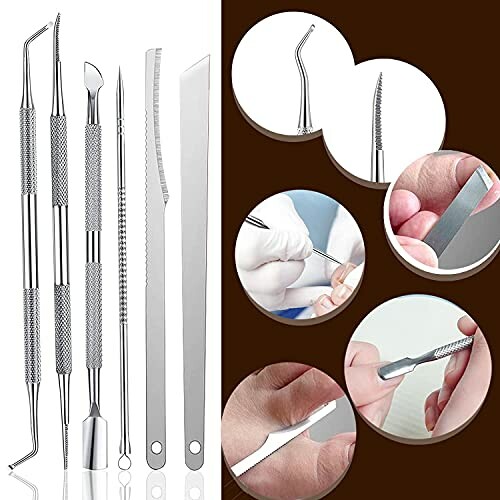 Set of nail care tools with detailed images of their use.