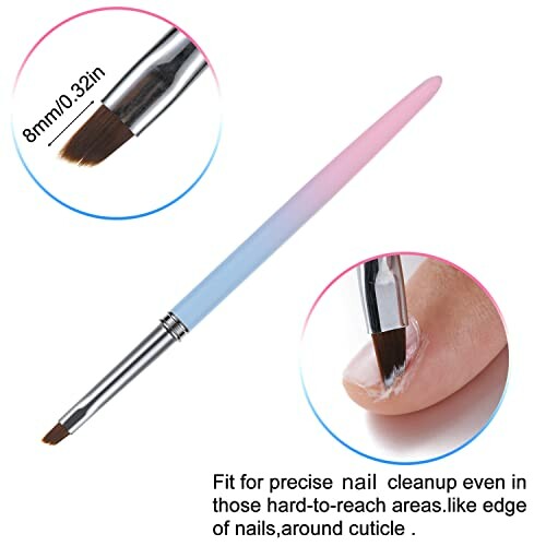 Nail cleanup brush with pink and blue handle, shown with use on nails.