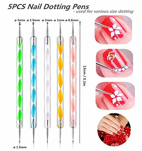 Set of 5 nail dotting pens with various sizes for nail art designs.