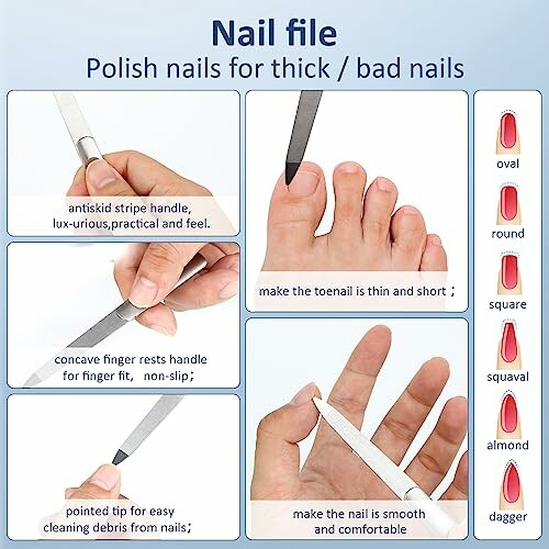 Various nail files and their uses for thick or bad nails.