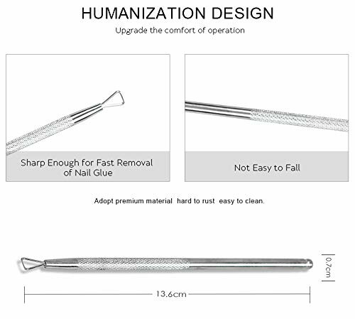 Metal tool for nail glue removal with ergonomic design.