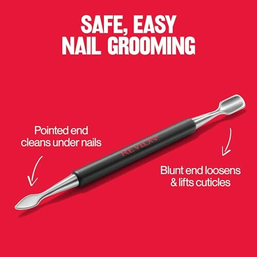 Nail grooming tool with pointed end for cleaning and blunt end for cuticles.