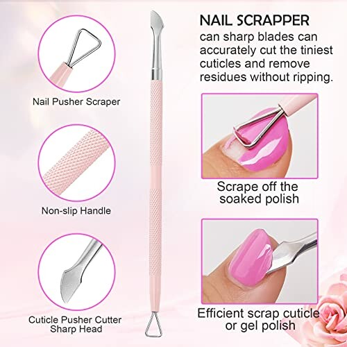 Nail scrapper tool with non-slip handle and sharp blade for cuticle care.