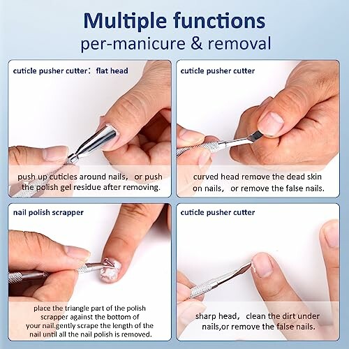 Illustration of various nail tools and their functions, including cuticle pushers and nail polish scraper.