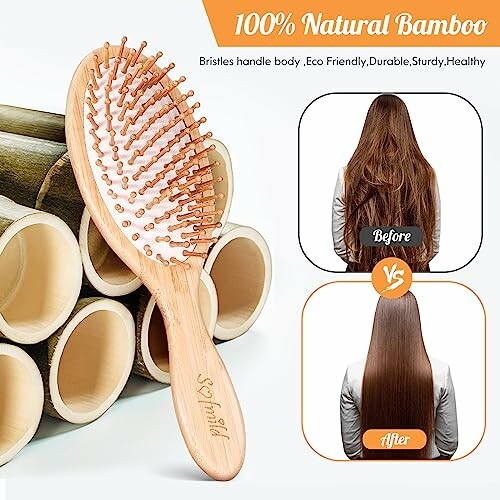 Bamboo hair brush with before and after hair transformation