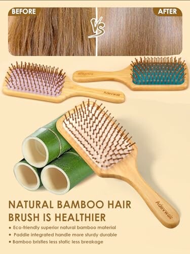 Before and after using a natural bamboo hair brush with eco-friendly materials.