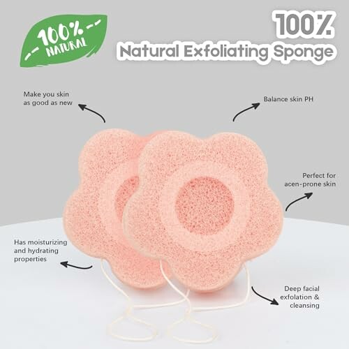 Pink flower-shaped natural exfoliating sponges with benefits listed.