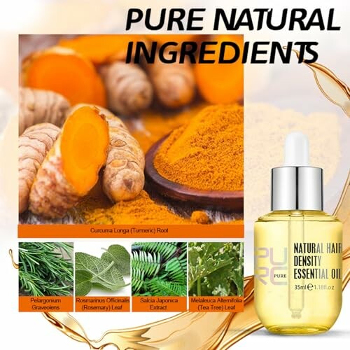 Natural hair density essential oil with turmeric and plant extracts.