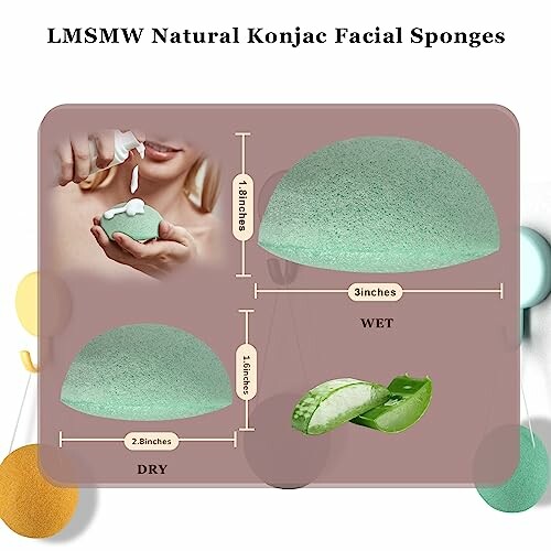 Natural konjac facial sponges with size and usage details.