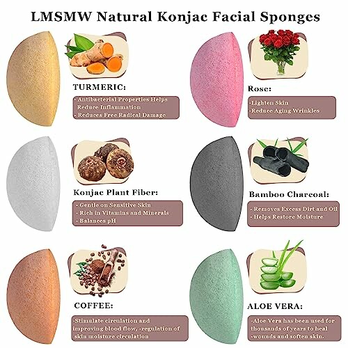 Variety of natural konjac facial sponges with different ingredients and benefits.