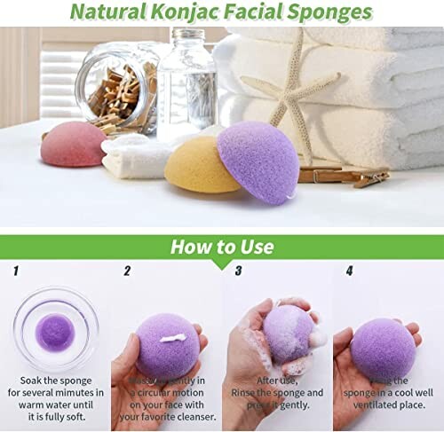 Natural Konjac Facial Sponges with usage instructions