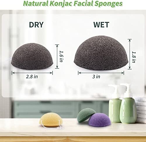 Natural konjac facial sponges, dry and wet, with measurements.