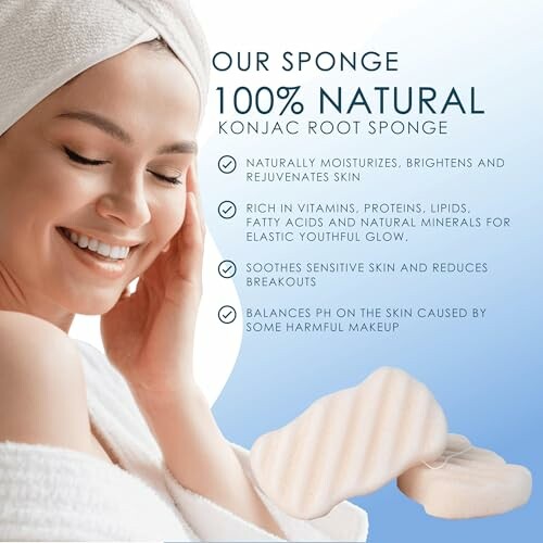 Smiling woman with towel and text about benefits of 100% natural konjac root sponge.