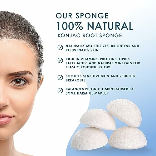 Natural konjac root sponge benefits with woman's face and sponges.