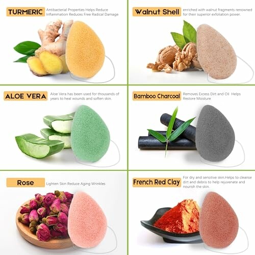 Image of various konjac sponges with ingredients: turmeric, walnut shell, aloe vera, bamboo charcoal, rose, and French red clay.