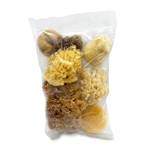 Pack of natural sea sponges in a clear plastic bag.