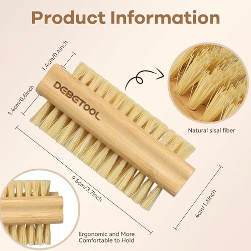 Ergonomic natural sisal fiber cleaning brush with measurements and features.