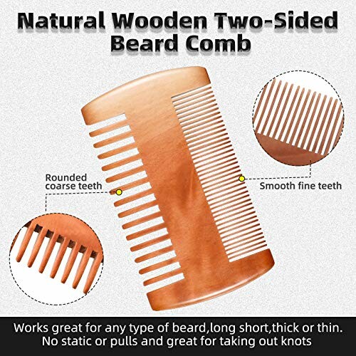 Natural wooden two-sided beard comb with coarse and fine teeth.