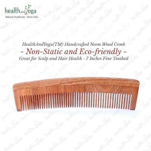 Neem wood comb, non-static and eco-friendly, 7 inches fine toothed