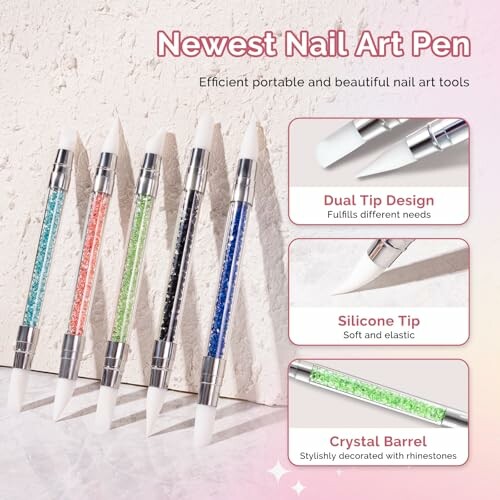 Colorful dual-tip nail art pens with silicone tips and crystal barrels.