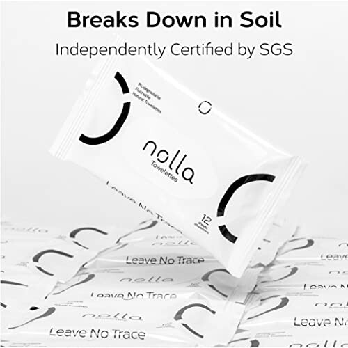 Nolla Towelettes packaging labeled as biodegradable and certified by SGS