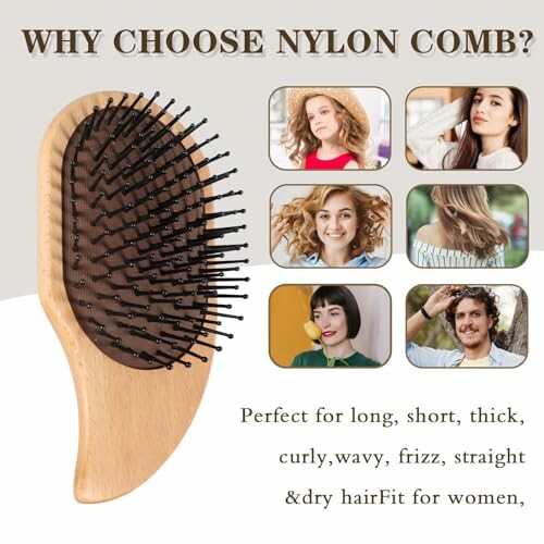 Wooden nylon comb with images of women and text about hair types.