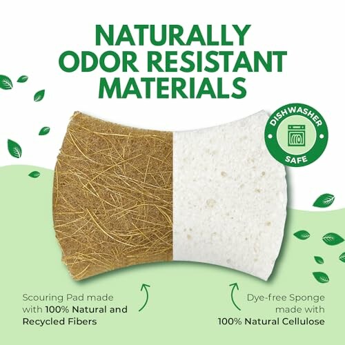 Naturally odor resistant materials with scouring pad and dye-free sponge.