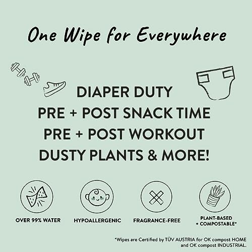 Promotional image for versatile wipes suitable for diaper duty, snacks, workouts, and more, highlighting features like over 99% water, hypoallergenic, fragrance-free, and plant-based compostable.