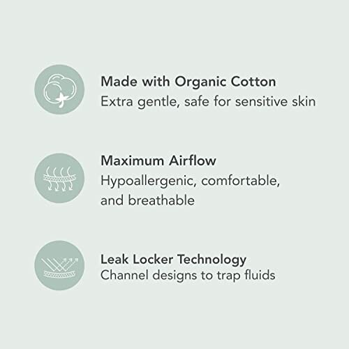 Diagram highlighting features: organic cotton, maximum airflow, and leak locker technology.