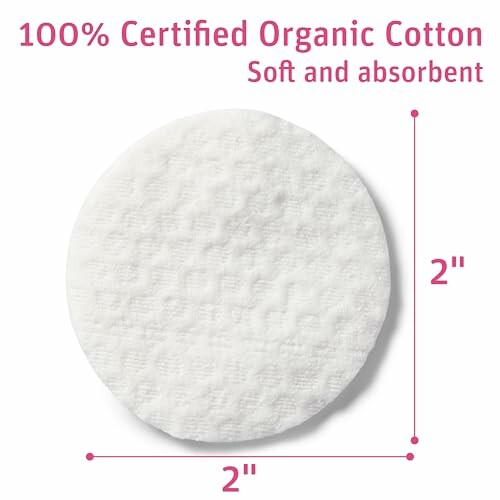 Round organic cotton pad with dimensions labeled as 2 inches.