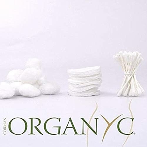 Cotton balls, pads, and swabs with Organyc branding.