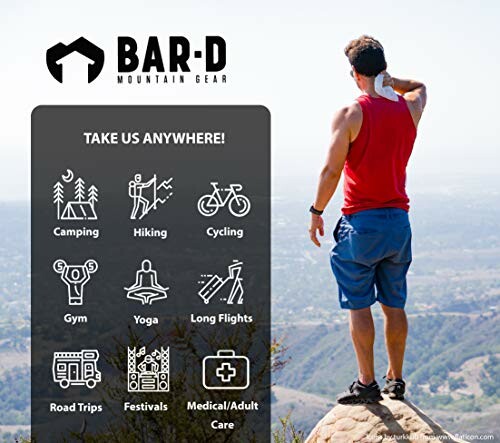 Man enjoying mountain view with icons for camping, hiking, cycling, gym, yoga, and more.