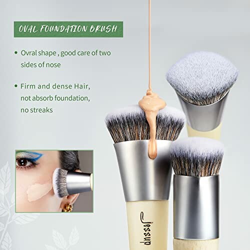 Oval foundation brushes with dense bristles and makeup application.