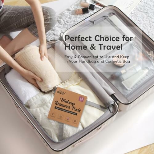 Person packing suitcase with makeup remover pads and clothes.