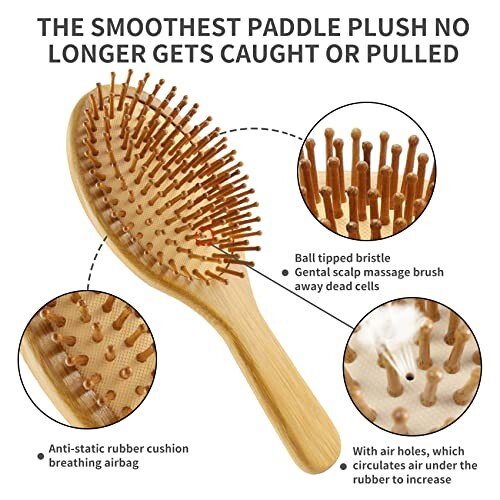 Wooden paddle brush with ball-tipped bristles and air holes for scalp massage.