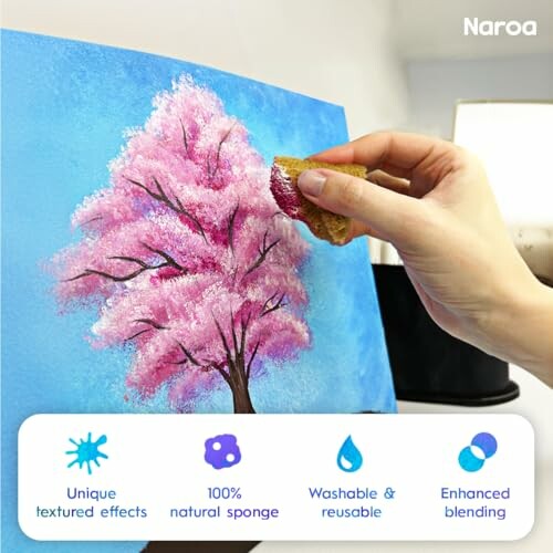 Hand using sponge to paint pink tree on canvas with product features highlighted.