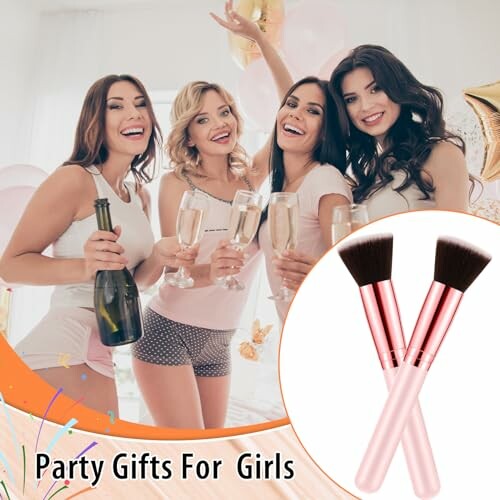 Group of women celebrating with champagne and makeup brushes