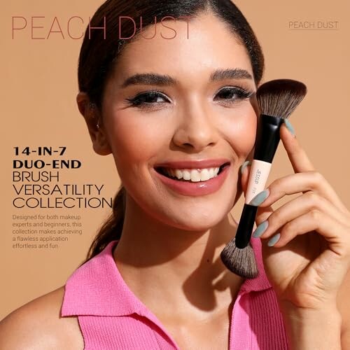 Woman smiling holding duo-end makeup brush from Peach Dust collection.