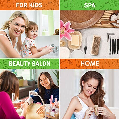 Collage showing personal care activities for kids, spa, beauty salon, and home.